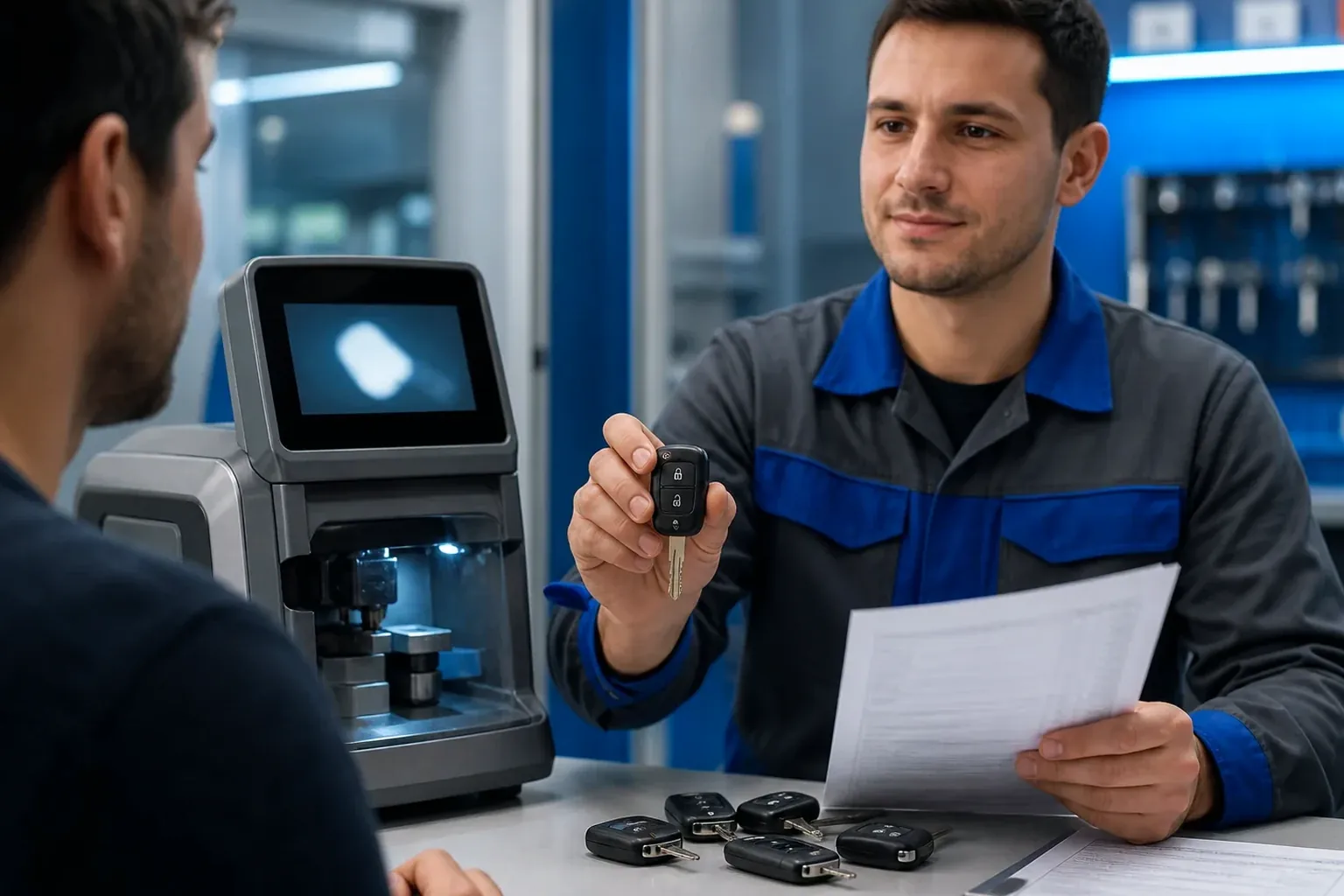 Chaveiro fazendo chaves codificadas com equipamento especializado.