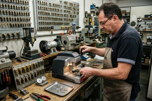 Chaveiro fazendo cópias de chaves usando uma máquina adequada.