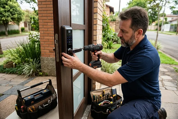 Chaveiro instalando uma fechadura digital em uma porta de entrada.