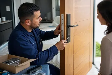 Chaveiro instalando uma nova fechadura na porta.